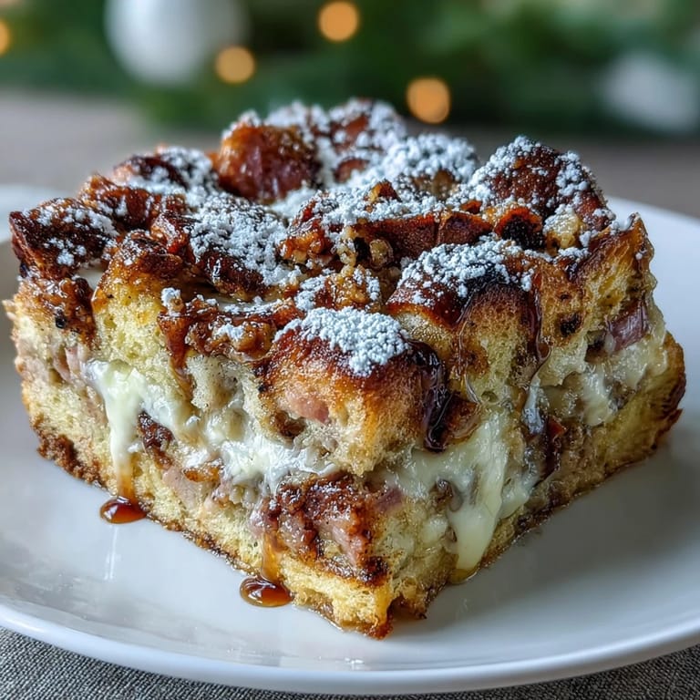 A serving of Monte Cristo Breakfast Casserole with fluffy eggs, bread, and syrup on a brunch plate.