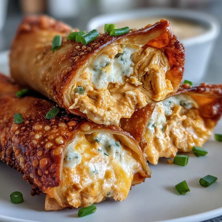 Stack of baked Buffalo Chicken Dip Egg rolls with chopped green onions, a side of carrots, and extra Buffalo sauce for dipping.