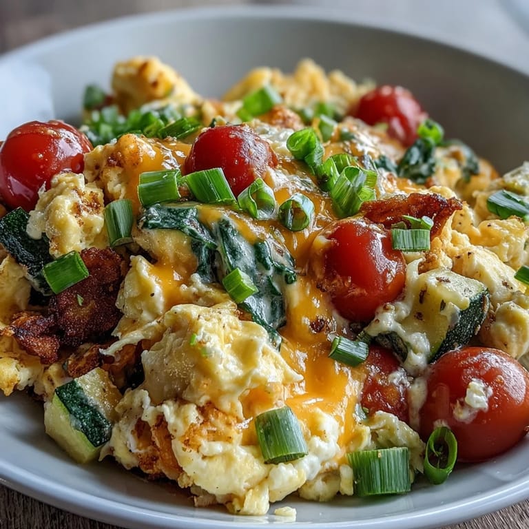 A nourishing Scrambled Egg and Veggie Bowl featuring sautéed zucchini, spinach, and cherry tomatoes, served hot for breakfast.