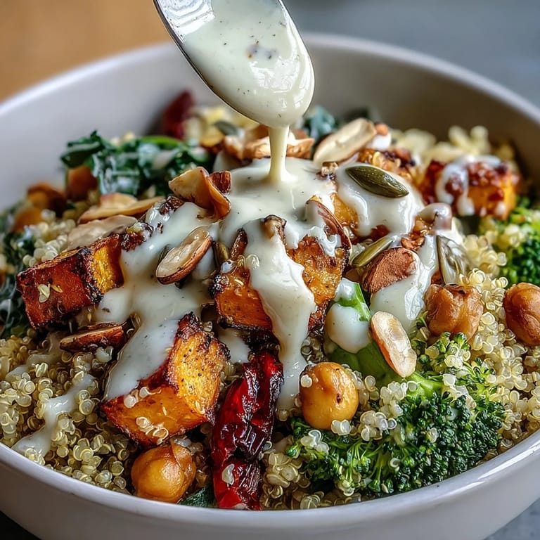 Freshly assembled Meal Prep Week-Long Power Bowl with roasted broccoli, red bell peppers, and sliced avocado, ready to enjoy with a lemony tahini sauce.