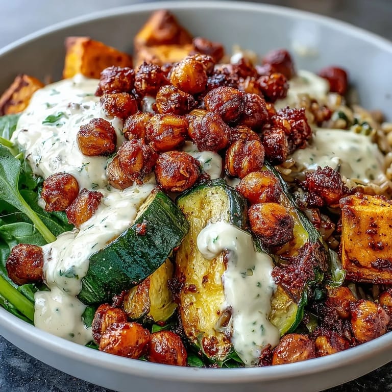Close-up of a Roasted Chickpea Power Bowl showing golden roasted chickpeas, avocado slices, and fresh herbs on a bed of greens.