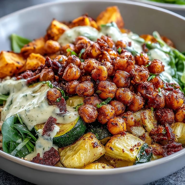 Healthy vegan Roasted Chickpea Power Bowl served for lunch with drizzled tahini sauce, sweet potatoes, and zucchini, ready to eat.