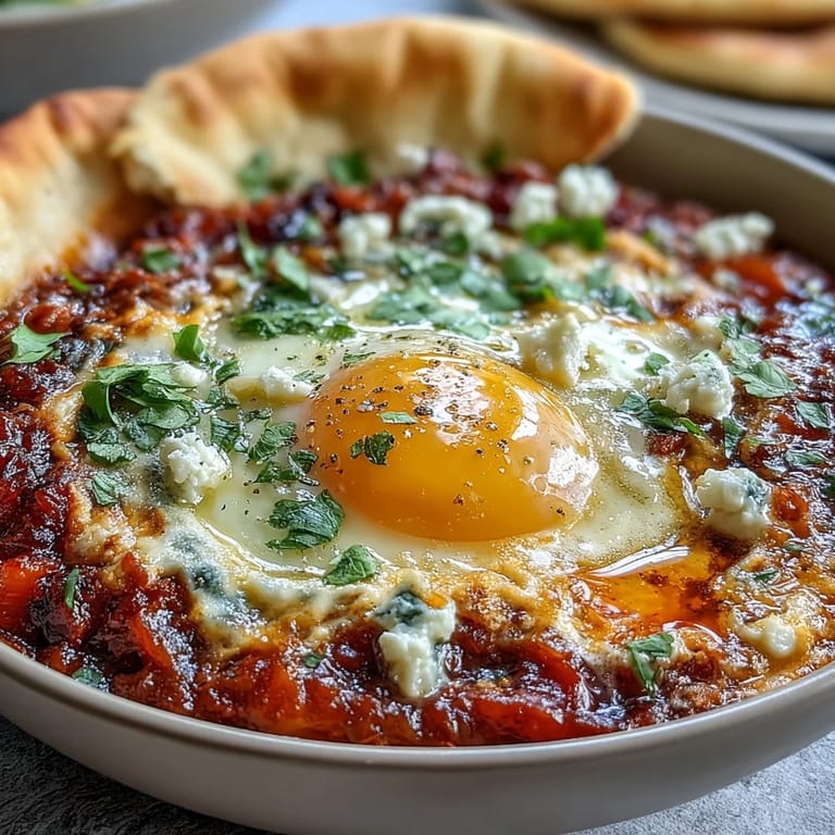 In a skillet, a steaming Shakshuka Bowl with eggs nestled in red sauce, alongside a warm pita bread wedge for dipping.