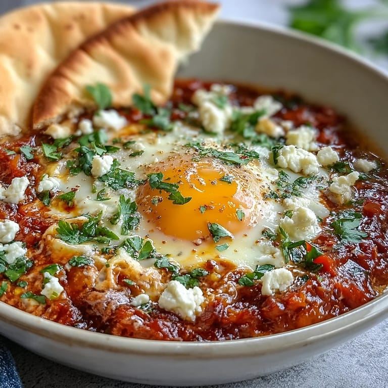 Colorful Shakshuka Bowl garnished with fresh cilantro and crumbled feta cheese, served hot and ready for a delicious vegetarian meal.