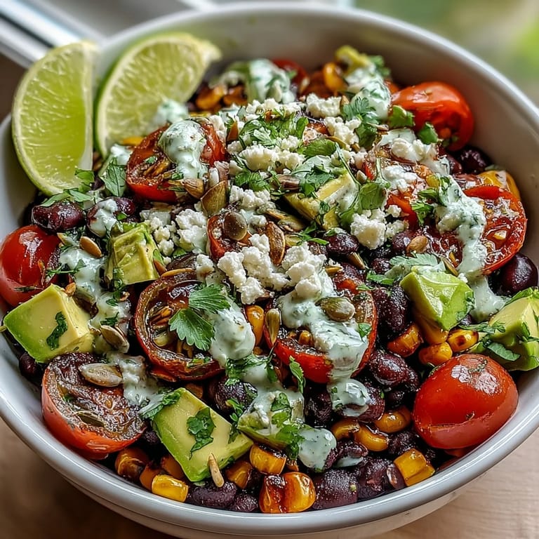 A freshly tossed Black Bean and Veggie Bowl with diced avocado and cilantro, ready to serve.