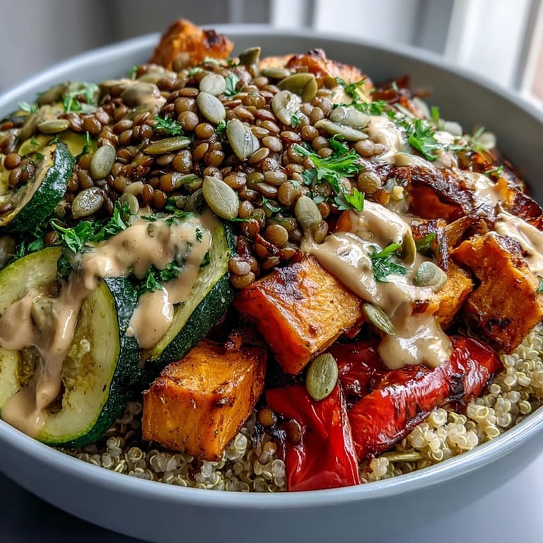 A warm bowl of Lentil Power Bowl topped with caramelized sweet potatoes and red onions, garnished with fresh parsley and crunchy pumpkin seeds.