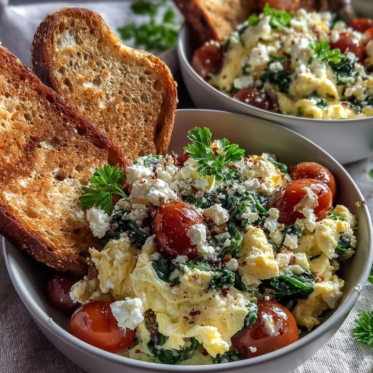 Golden scrambled eggs and sautéed spinach are topped with crumbled feta cheese in this savory Mediterranean-inspired Spinach and Feta Breakfast Bowl.