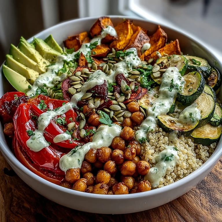 A creamy tahini sauce drizzles over avocado and cherry tomatoes in this vibrant Chickpea Power Bowl.