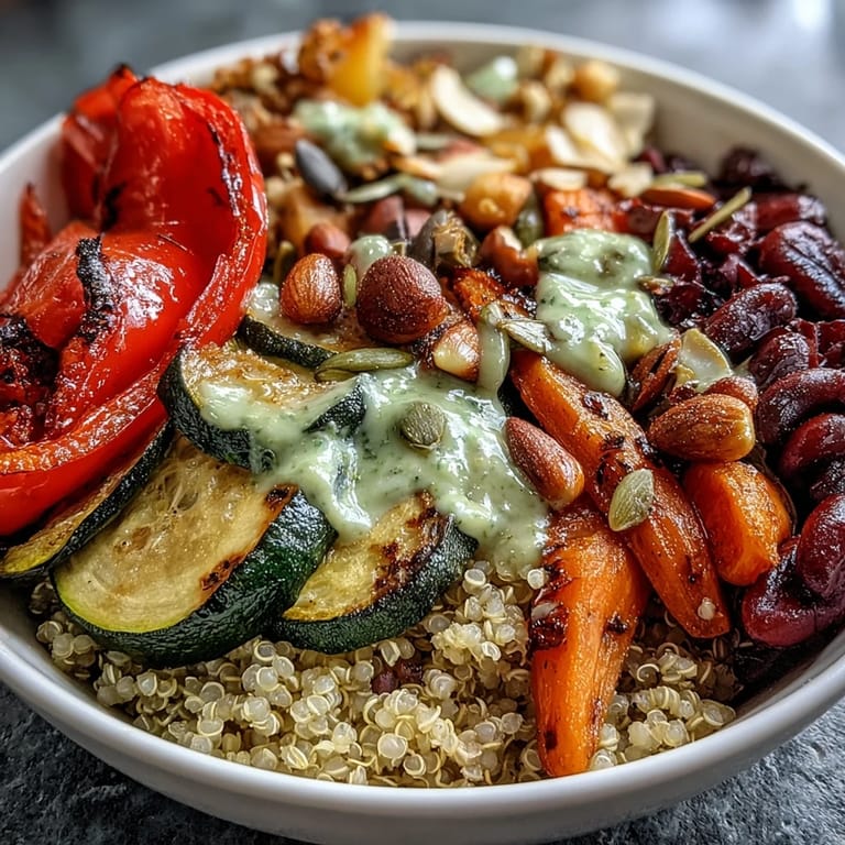 Fluffy quinoa base topped with colorful roasted vegetables, black beans, and almonds, finished with zesty lemon dressing.