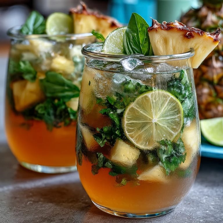 A vibrant, refreshing Pineapple Basil Agua Fresca with a golden hue, garnished with lime slices and aromatic basil leaves.