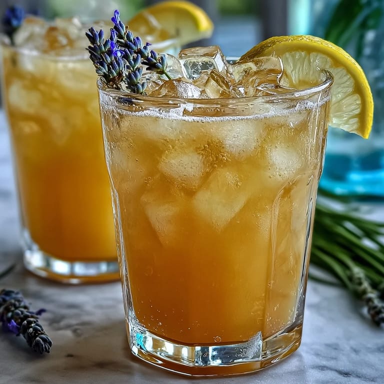A refreshing lavender-infused lemonade pitcher filled with ice, garnished with lemon wheels and fresh lavender, ideal for garden parties or brunches.