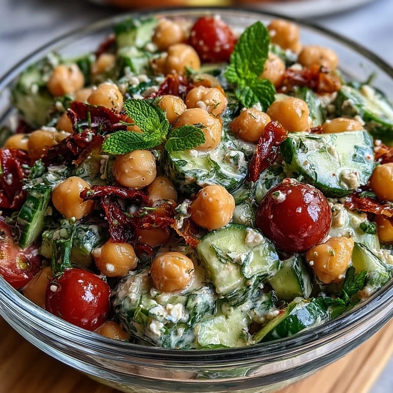 This colorful chickpea salad with cucumbers and lemon vinaigrette offers a crisp, refreshing bite, perfect as a healthy lunch or vibrant side for any summer gathering.