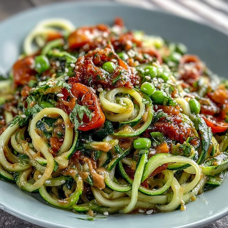 Creamy peanut sauce coats fresh zucchini noodles and colorful vegetables in this Healthy Easy Zucchini Noodle Stir-Fry, topped with crunchy peanuts.