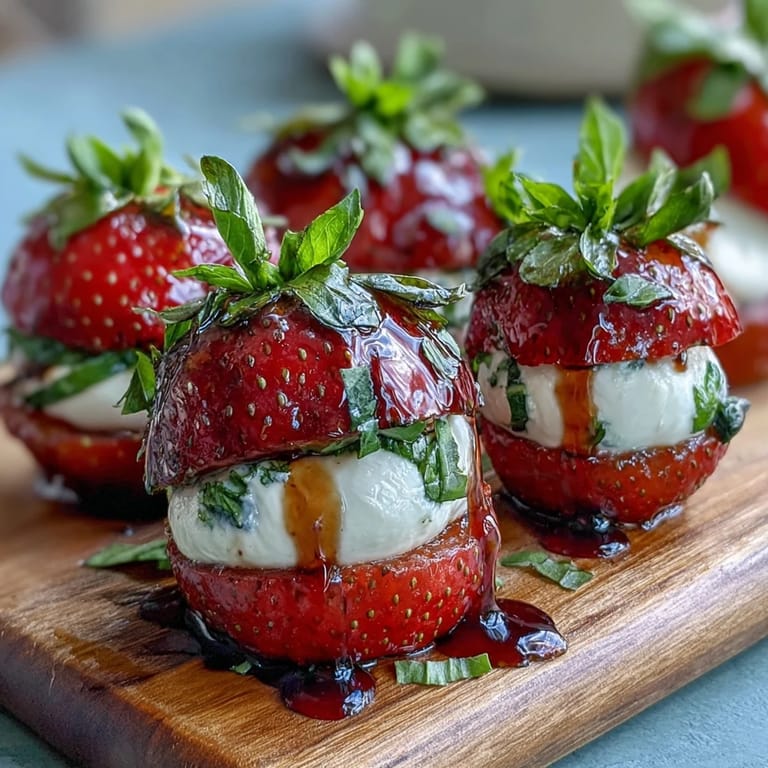 Fresh strawberry caprese skewers featuring juicy berries, soft mozzarella, and aromatic basil, drizzled with rich balsamic syrup for a stunning appetizer.