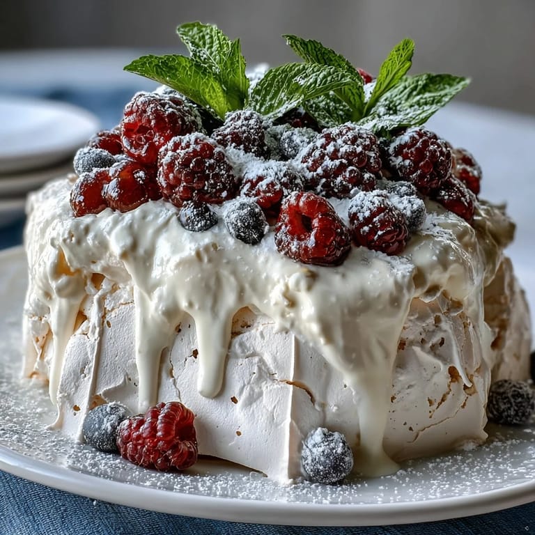 Crisp meringue pavlova shell with a soft center, crowned with fresh berries and fluffy whipped cream.