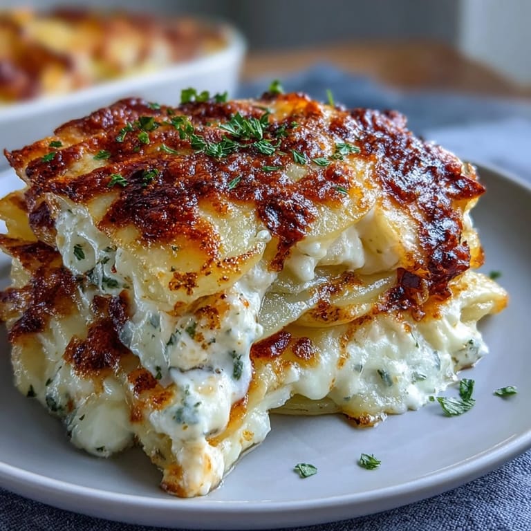 Savory, cheesy scalloped potatoes with tender Yukon Gold slices, smothered in a rich, garlicky cream sauce, perfect alongside holiday ham.