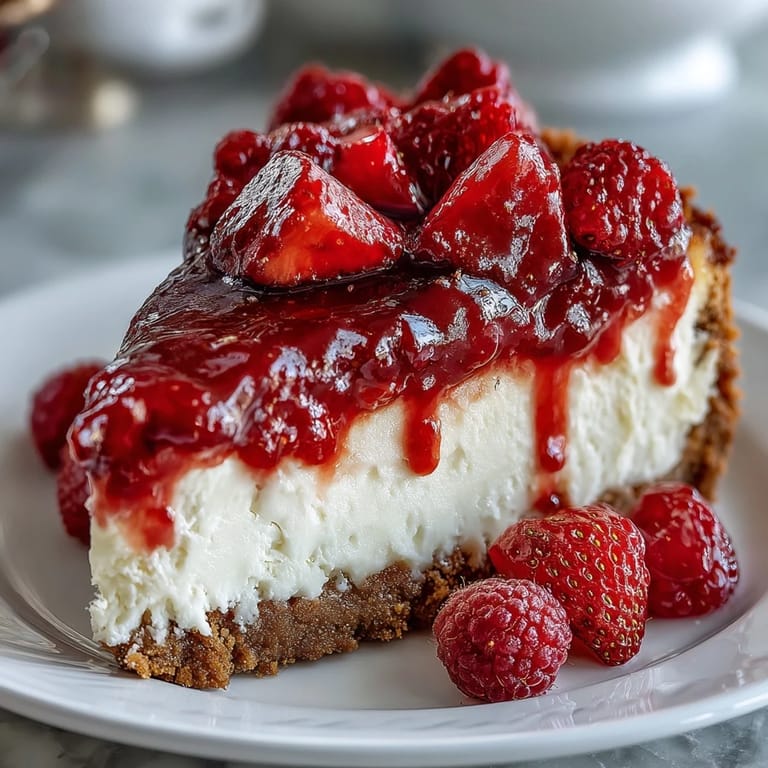Creamy no-bake cheesecake decorated with blueberries and strawberries to resemble the American flag for Independence Day.
