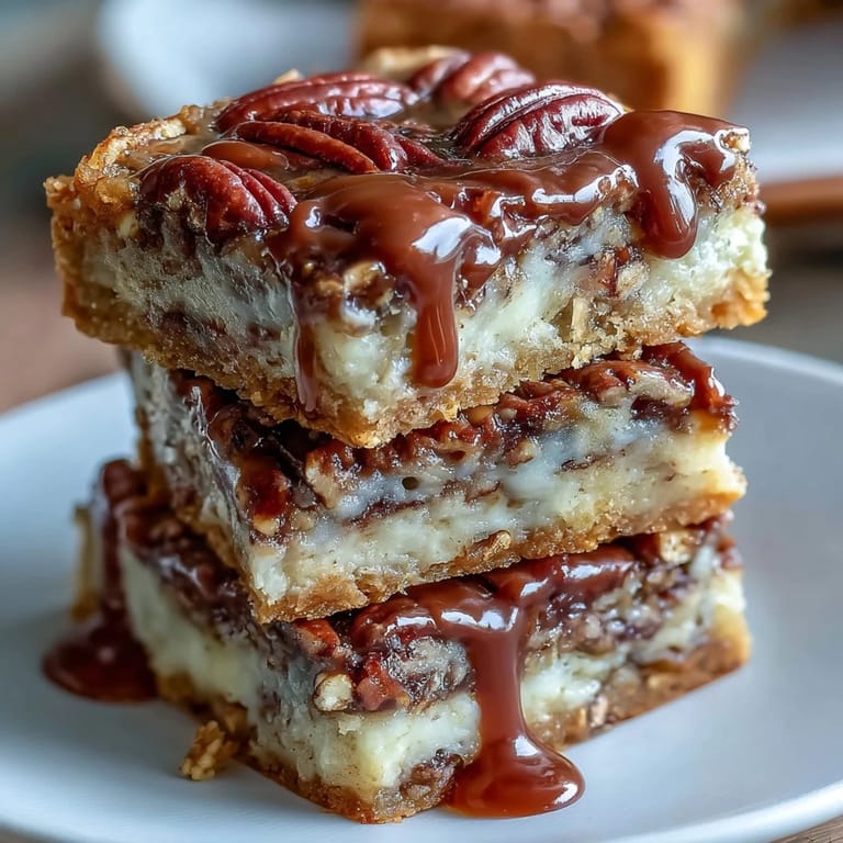 Decadent pecan pie bars drizzled with bourbon glaze, perfect for Southern gatherings.