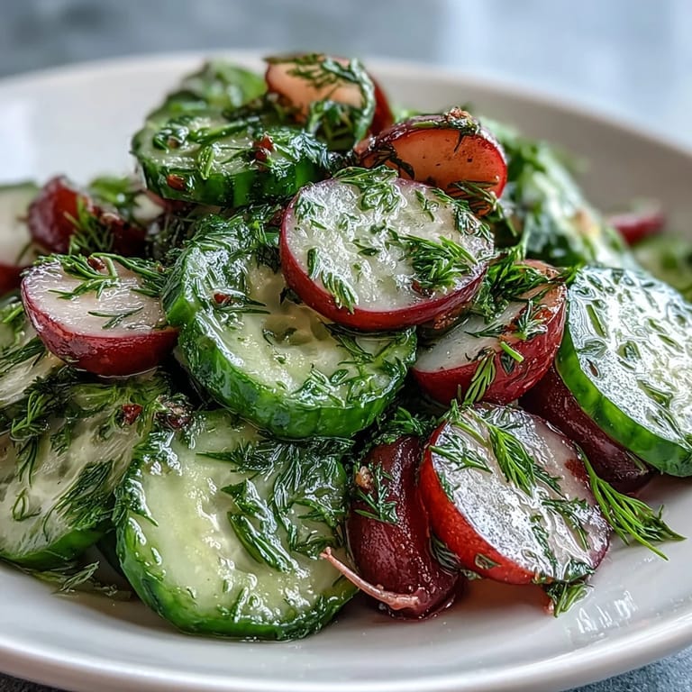 Colorful cucumber radish salad with dill dressing, featuring crunchy vegetables and bright herbal flavors, ideal for a healthy lunch or appetizer.  