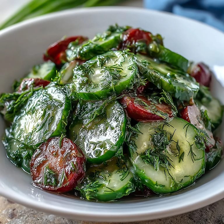 Refreshing cucumber radish salad with dill vinaigrette, combining crisp cucumbers, peppery radishes, and tangy dressing for a simple, elegant dish.