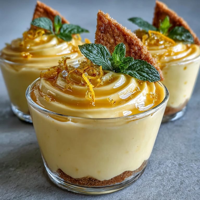 Creamy lemon mousse in individual glasses, served with golden shortbread cookies for a refreshing and tangy treat.  