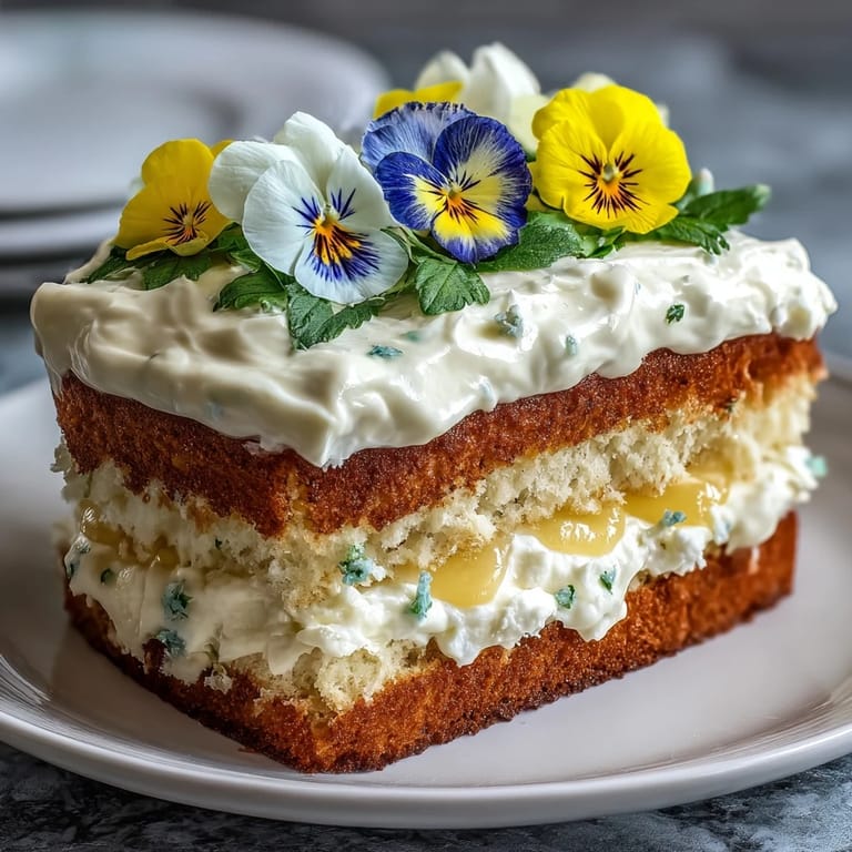 Elegant spring cake with pressed edible flowers and lemon curd filling, beautifully decorated for a seasonal dessert centerpiece.