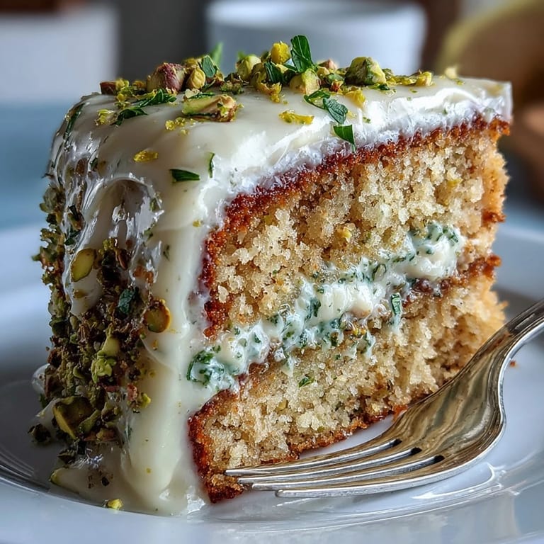 Decadent Spring Birthday Lemon Pistachio Layered Cake, ready to celebrate with bright citrus flavor.