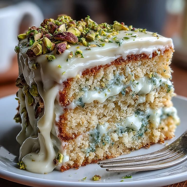 Close-up of a fluffy Spring Birthday Lemon Pistachio Layered Cake, showcasing creamy frosting swirls.
