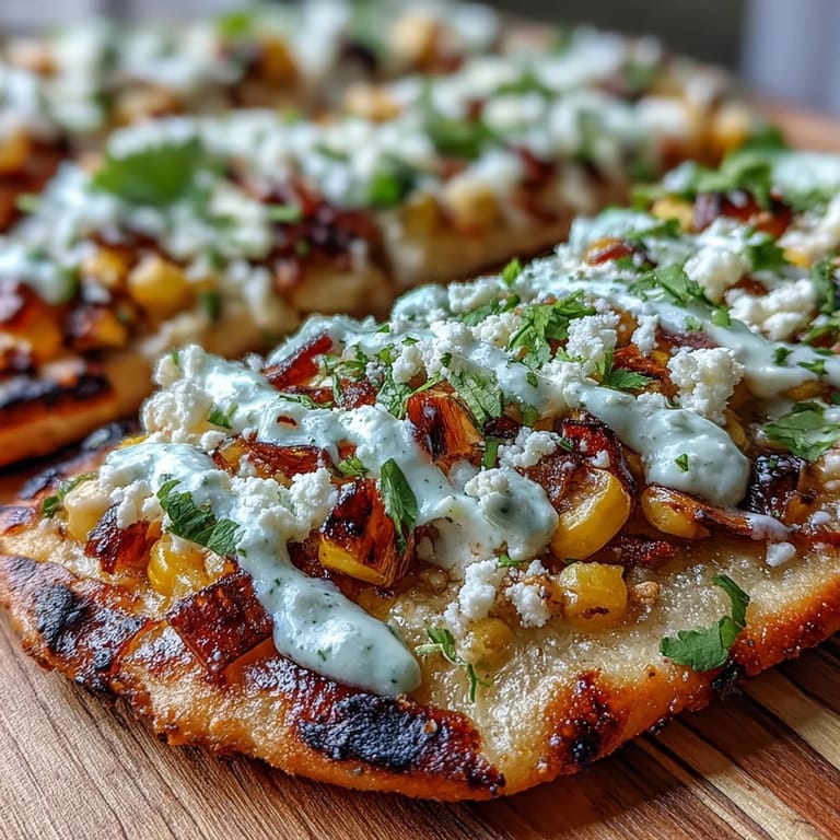 Spicy jalapeño crema drizzles over loaded Cinco de Mayo Street Corn Flatbread.