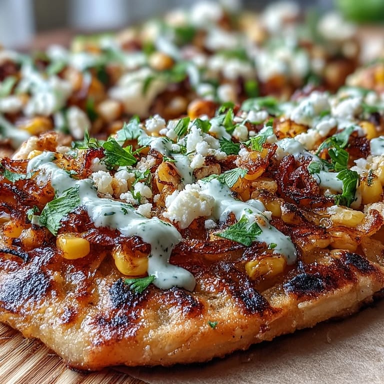 Festive street corn flatbread topped with vibrant colors, ready to serve.