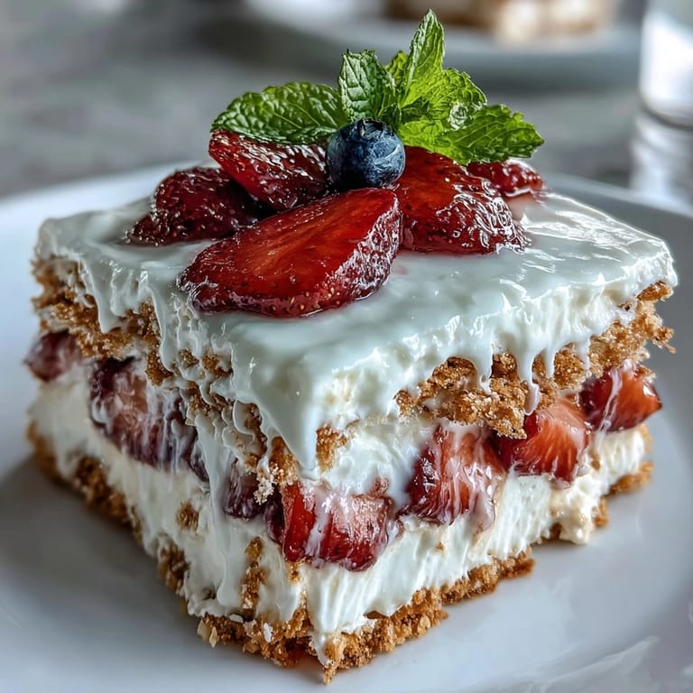 Strawberry no-bake icebox cake featuring fluffy whipped cream and crunchy graham crackers.