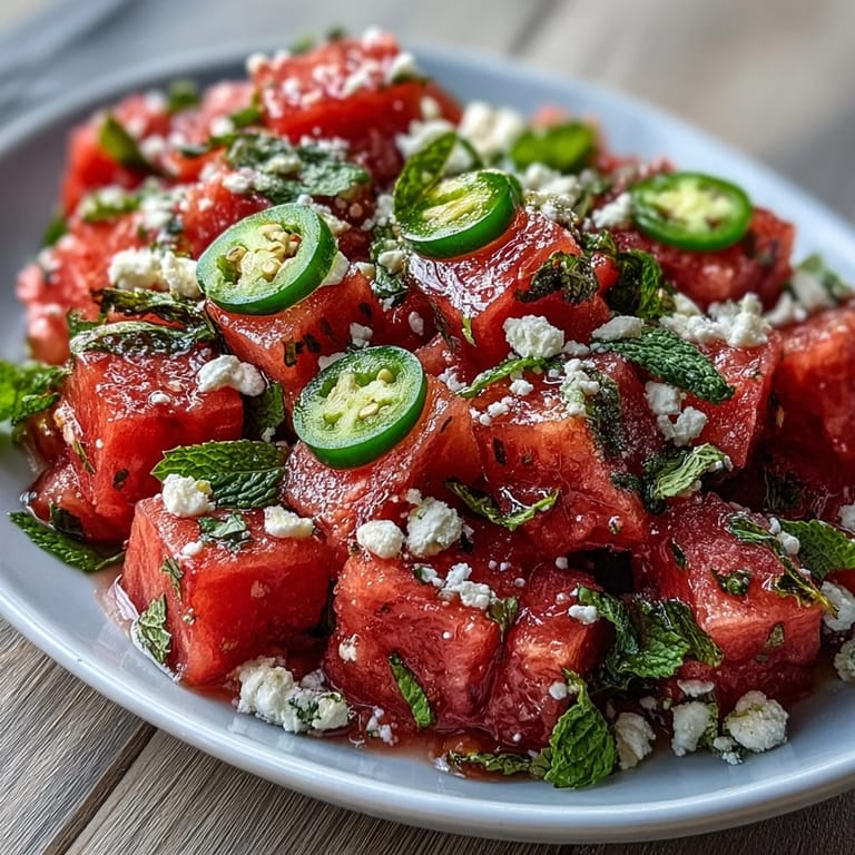 Bright watermelon chili lime salad with mint, bursting with cool, zesty flavor.