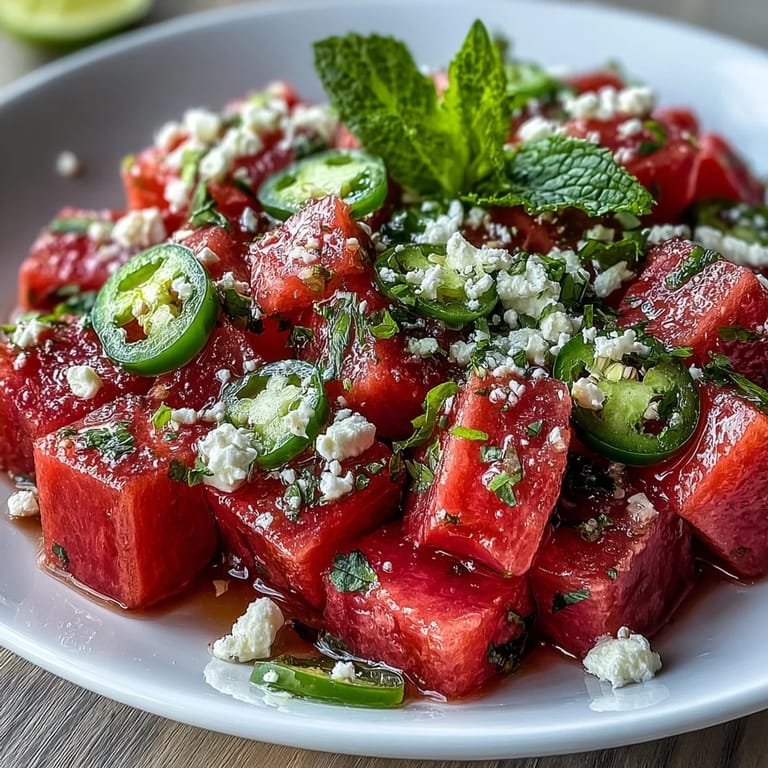 Showcasing chilled watermelon chili lime salad with mint, a perfect light appetizer.