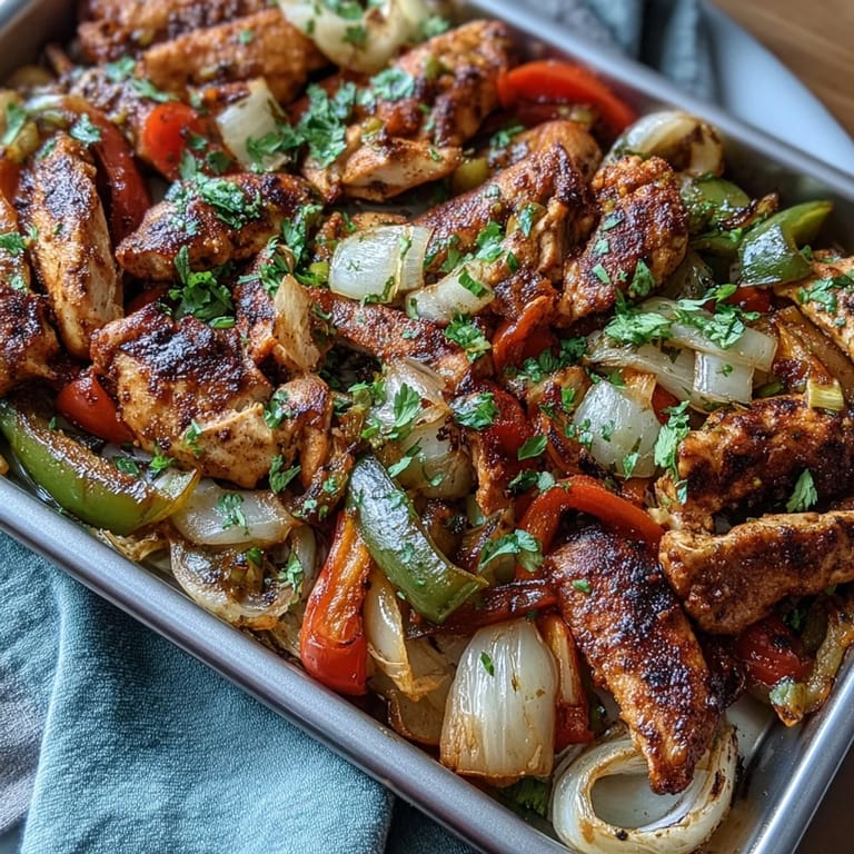 Juicy Sheet Pan Chicken Fajitas roasted with tender vegetables, ready for warm tortillas.