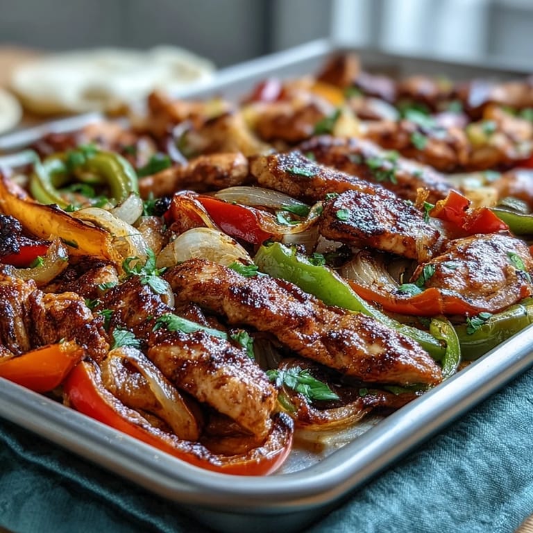 Delicious Sheet Pan Chicken Fajitas loaded with seasoned chicken and charred bell peppers.