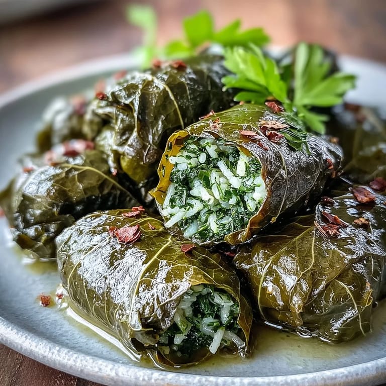 Fragrant Kurdish Dolma bites, a savory rice filling peeking from vibrant grape leaves.