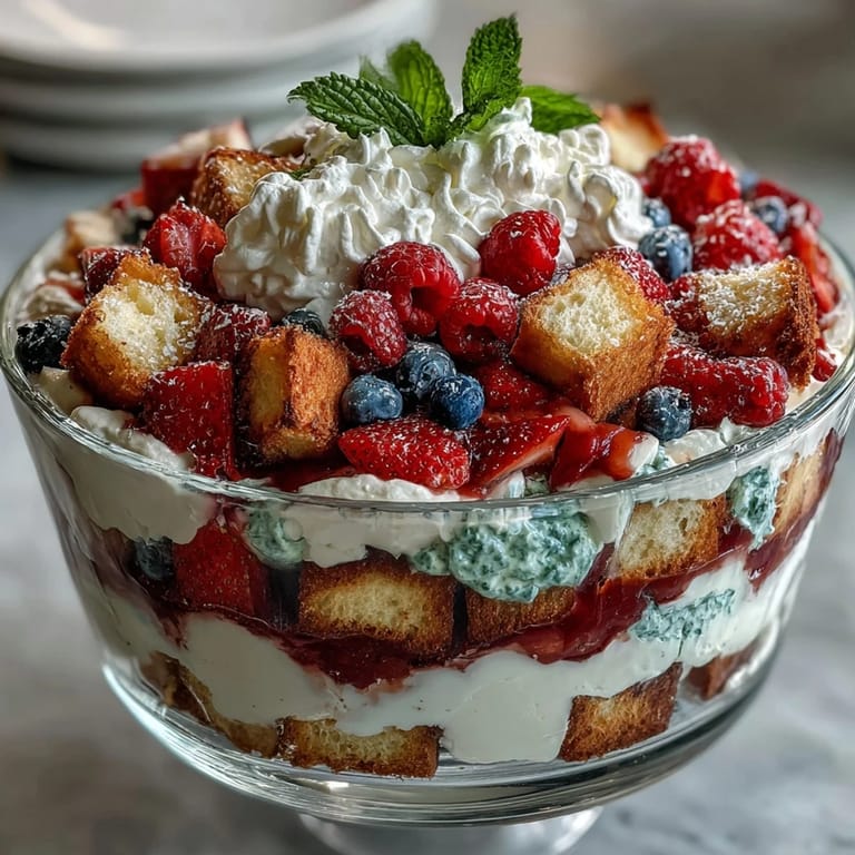 Delicious Red White Blue Berry Trifle, showcasing creamy layers and sweet, summer berries.