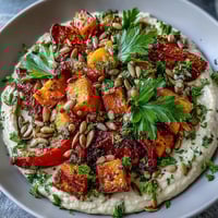 Hearty, colorful Roast Squash and Hummus Winter Salad with crunchy toasted seeds.