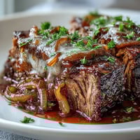 Savory Crock Pot French Onion Pot Roast sits in the slow cooker, topped with bubbling Gruyère cheese and fresh parsley.