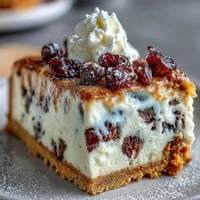 Freshly baked Christmas Cheesecake Slab with a golden biscuit crust and a dusting of powdered sugar.