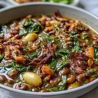 A steaming bowl of Soul Food Black-Eyed Pea and Collard Green Stew, rich with smoky flavors and tender greens, served with warm cornbread.