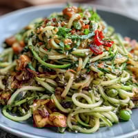 Healthy Easy Zucchini Noodle Stir-Fry with Peanut Sauce, vibrant spiralized zucchini and crisp veggies tossed in a creamy, tangy peanut sauce.