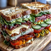 Loaded deli sandwich board with assorted meats, cheeses, fresh vegetables, and spreads for a customizable picnic meal.  