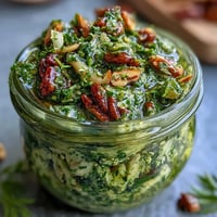Bright dandelion pesto with garlic and pine nuts, a vibrant, slightly bitter spread perfect for pasta or sandwiches.