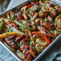 Sheet Pan Chicken Fajitas featuring colorful peppers and onions for a vibrant, sizzling meal.
