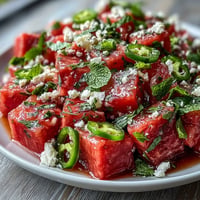Fruity watermelon chili lime salad with mint, vibrant and refreshing for summer.