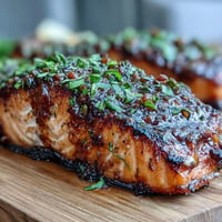 Juicy cedar plank salmon with smoky maple Dijon glaze, ready to serve.